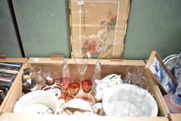 A Chinese style bird and flower painting on silk, two vintage chamber pots one in blue and white and