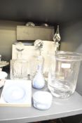A Dartington clear crystal conreal decanter having tear drop style stopper, h36.5cm, sold together