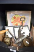 A miscellaneous selection of items including a vintage kitchen mincer, a small selection of brass