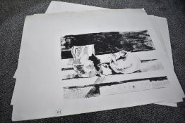 Artist unknown, a group of seven monochromatic prints, still life study, unsigned, unframed, 55cm
