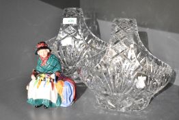 A pair of hand cut crystal basket vases, h20.5cm, sold together with a Royal Doulton 'Silks and