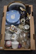 A miscellaneous selection of items including four Jasper Ware Christmas plates 98,99,2001,2002,