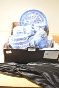 A selection of blue and white ware including a Willow Pattern part tea service (20), ginger jar