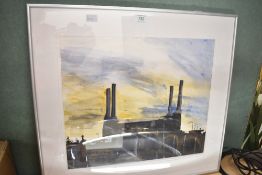 Artist unknown, a contemporary mixed media, industrial buildings and bridge, unsigned, within a