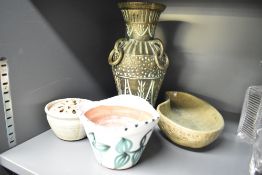 A small selection of studio pottery to include a large ashtray with signature to underside,