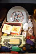 A small collection of die cast cars, two vintage Rupert Bear egg cups in original boxes and an Imari