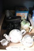 A pair of Prinz 8 x 40 binculars in carry case, three assorted teapots, a vintage Smiths Salt and
