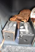 Two Kodak Brownie box cameras. One No. 2 Brownie Model D, one No. 2 Brownie Model F, with hinged