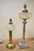 Two early 20th-century oil lamps, later converted to table lamps, to include: a James Joseph Hinks