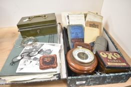 A mixed box of Victorian to early 20th-century items, to include a Pilot green metal cash box, a