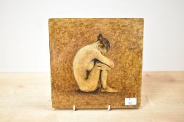 A late 20th-century female nude study, painted in tertiary tones on a varnished wooden board,