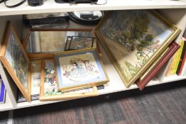 A selection of 20th-century framed needlepoints, depicting pastoral, country, and floral scenes,