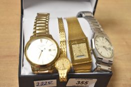 A group of four Rotary wristwatches, three of gold tone and one of silver tone all in a Rotary box