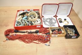 A collection of costume jewellery, including imitation pearls, drop earrings, beaded jewellery and