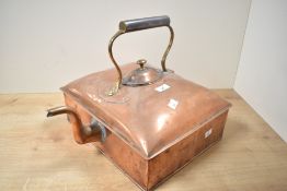 A large late 19th-century copper square kettle, featuring a distinctive square body, a removable