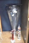A large decorative glass trumpet vase, height 47cm, and a glass thermometer and an art glass stem