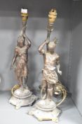 A pair of 20th-century patinated metal figural table lamps, featuring an Indigenous American male