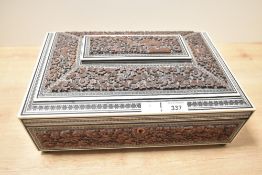 A Victorian Anglo-Indian hand-carved rosewood, ivory-inlaid and mosaic sewing box,of sarcophagol