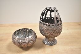 A metal censer having pierced shaped handle and decorated with floral and foliage patterns, h17cm