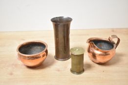 Four Keswick School of Industrial Arts (KSIA) Arts & Crafts metalware pieces, comprising: a hammered