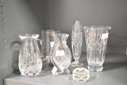 A selection of six small crystal cut glass items, including a Waterford Crystal Athens Posy Vase,