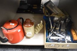 A mixed 20th-century lot, to include a set of Viners stainless steel cutlery, an enamel-coated metal