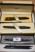 A group of Cross fountain and ballpoint pens. A boxed Cross Century Classic cartridge fill fountain