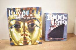 Two contemporary illustrated history books, titles include 'Egypt: The World of the Pharaohs' and '