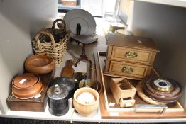 A mixed lot of 20th century woodwork, to include oak, mahogany and wicker, featuring a wicker basket