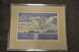 After Noel Ellis (British 20th century) limited edition colour print 'Plymouth Sound: Frigate