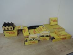 Tri-ang TT Gauge Accessories, T28 Engine Shed, T25 Booking Hall, T27 Signal Box x2, T33 Level