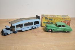Tri-ang Minic No 2 Musical Car in green , key present, bumpers and other pieces loose in original