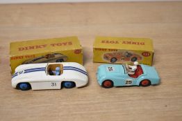 Dinky Toys Die-casts, 111 Triumph TR2 Sports, turquoise with red interior and driver present, racing