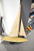 Hand Made Wooden Pond Yacht named Driftwood, sail present, height 105cm, length 70cm
