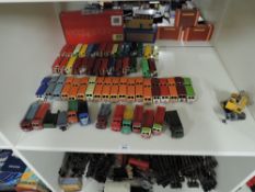 Dinky Playworn Die-casts, Observation Coaches x 19, Half Cab Bus x 29, Wagons x 11, Trailer and