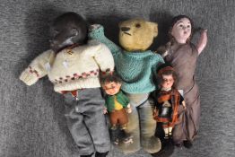 Mixed vintage Teddy Bears and Dolls, mid 20th century straw filled felt covered with plush head,