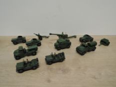 Dinky Toys Die-casts, 673 Scout Car x3, 674 Austin Champ x2, 688 Field Artillery Tractor, 643 Army