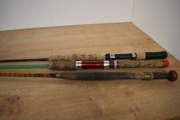 3 vintage rods all unmarked 2 x cane rods and 1 x fibregalss
