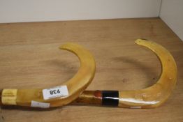 Two clean shepherds crook style walking sticks with horn handles measuring approx 112cm long