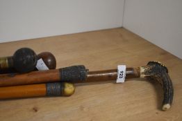 Four short cane walking sticks approx 93cm long and a longer hazel walking with an antler handle