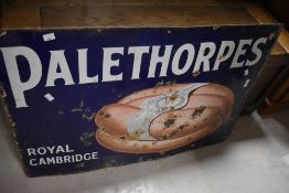 A vintage enamelled tin sign, advertising Palethorpes sausage, quite worn