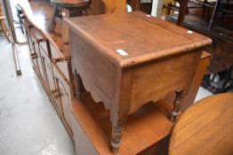 A period oak box commode on turned legs, approx dimensions H44 W44 D41cm
