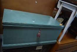 An early 20th century blue painted pine tool chest, with internal removable tray (later supports)