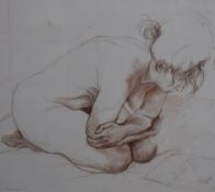 Two British contemporary female life studies, the first a pencil sketch of a woman undressing,