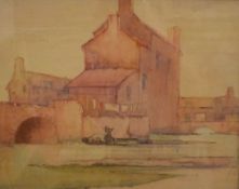 Artist unknown, an early 20th century English school watercolour, river scene with boat, bridges and