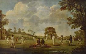 *Cricket Interest - British School artist unknown, A coloured reproduction print, 'Match At