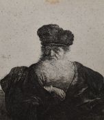 After Rembrandt (Dutch 1606 - 1669) etchings, 'Old Man Seated with Flowing Beard, Fur Cap and Velvet
