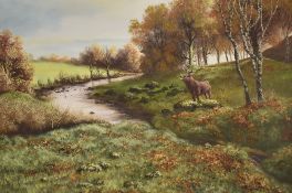 Royce Harmer (British 20th century) oil on canvas, Highland stag rutting aside a burn in autumn,