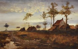 E Neale (19th/20th century) large oil on canvas, rural road with figures and buildings, signed lower