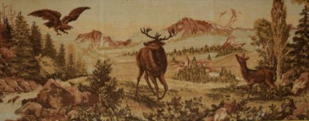 Large 20th Century tapestry featuring deer and eagle in a forested mountain setting, artist unknown,